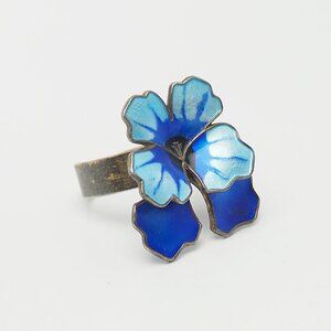 Vintage sterling silver blue enamel Pansy flower open band ring David Andersen